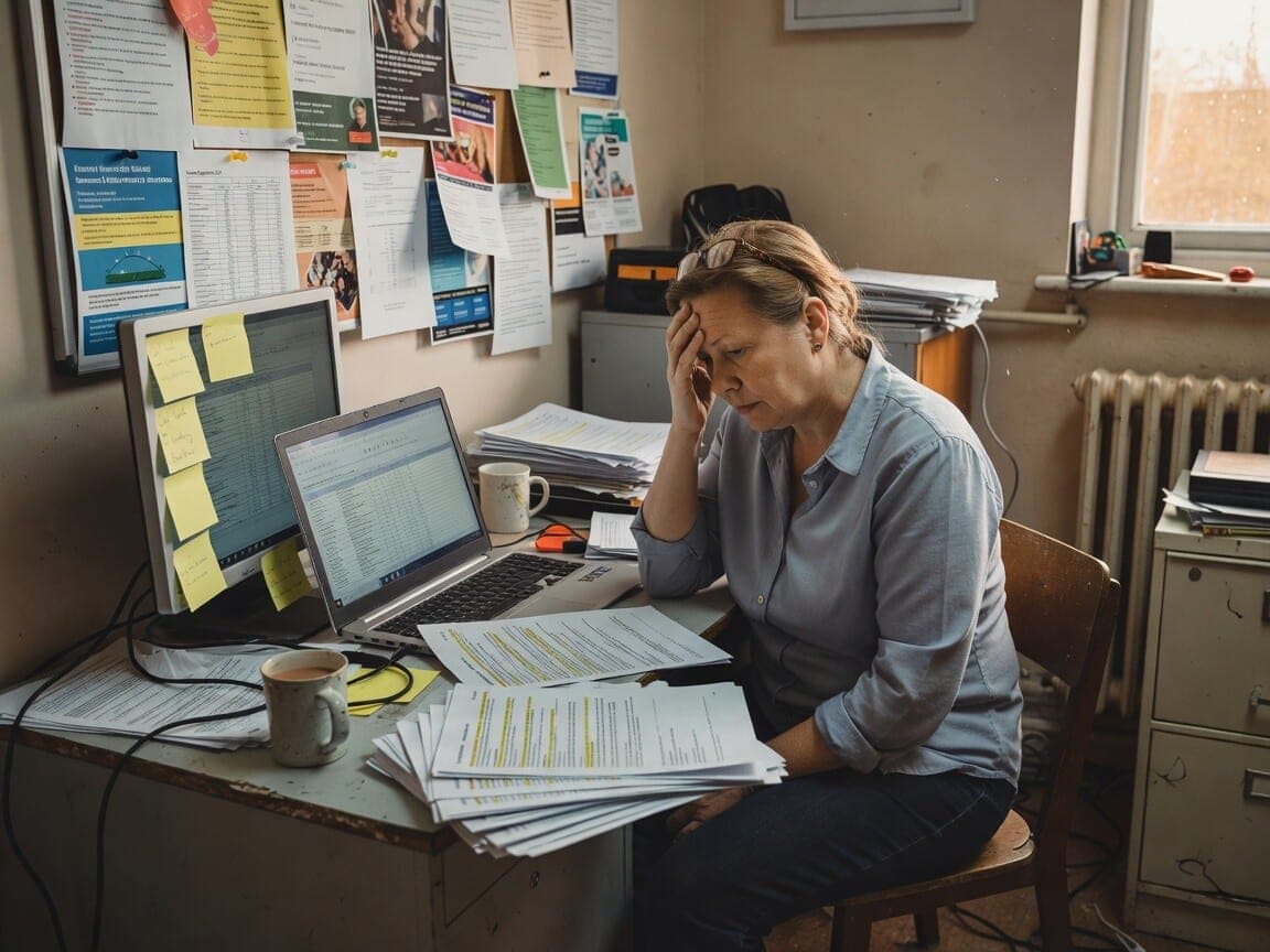 A charity worker at a cluttered desk, head in hand, surrounded by printed grant guidance and a spreadsheet of funders